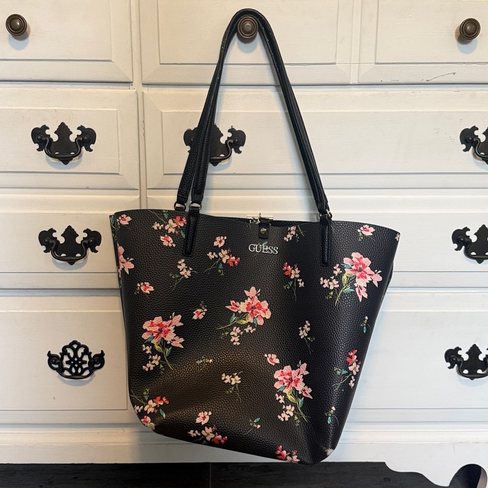 Guess Black Tote with Pink Floral Pattern